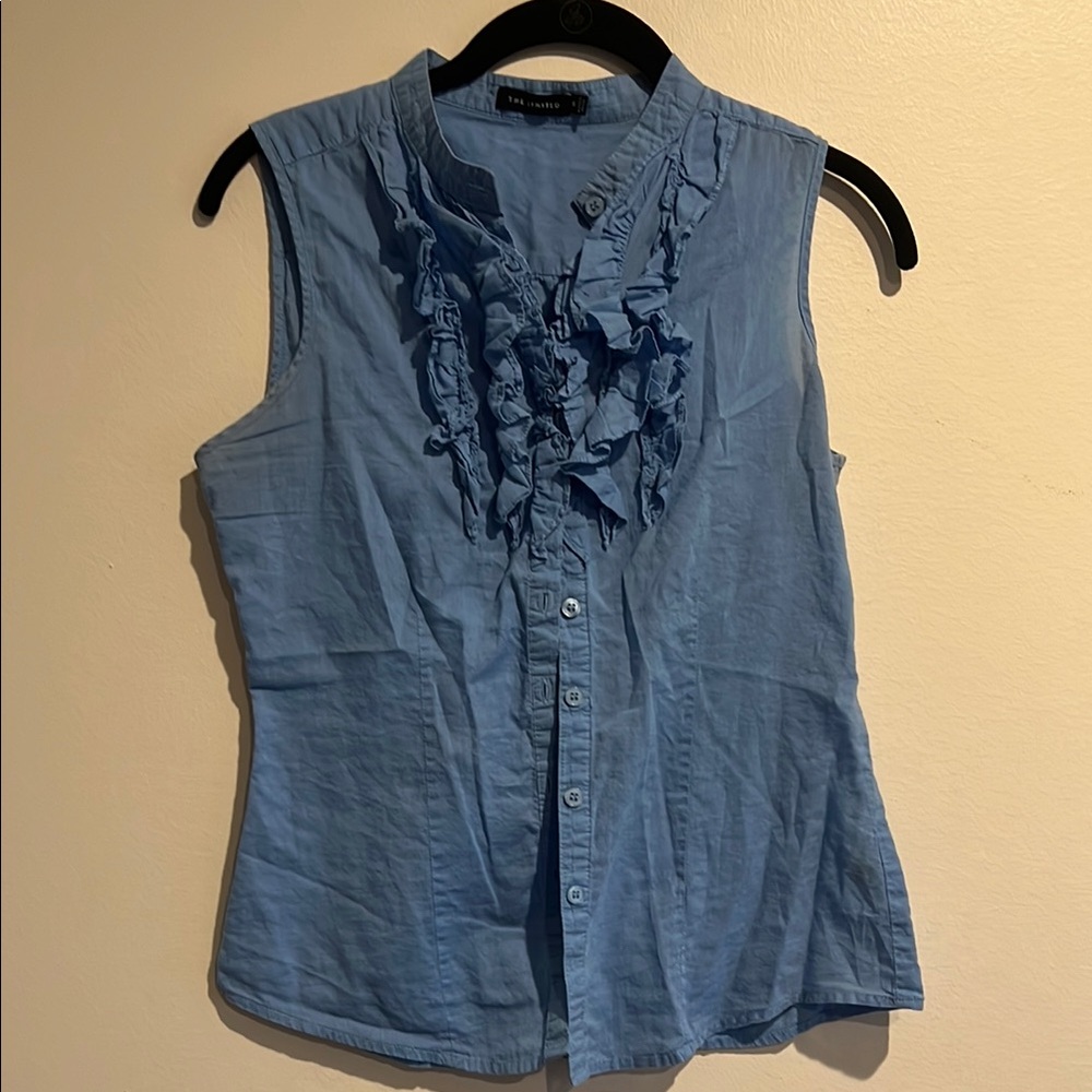 The Limited Blue Ruffled Blouse with Mandarin Collar